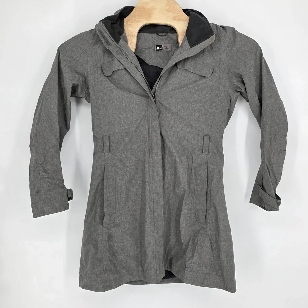 REI Co-op Hooded Rain Jacket Coat Removable Hood Water Repellent Gray Womens Med